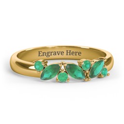 3 Marquise Birthstone Ring with Round Accents in 18K Gold Plated Silver with Emerald