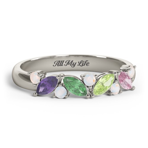 4 Marquise Birthstone Ring with Round Accents – 10K White Gold with Amethyst, Emerald, Peridot, Pink Tourmaline, and Opal