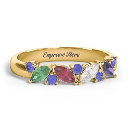 4 Marquise Birthstone Ring with Round Accents in 10K Solid Yellow Gold with Emerald, Ruby, Cubic Zirconia, Amethyst, and Blue Sapphire