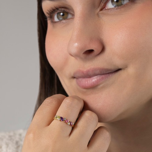 4 Marquise Birthstone Ring with Round Accents – 10K Yellow Gold with Amethyst, Emerald, Peridot, Pink Tourmaline, and Opal