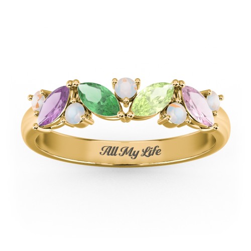 4 Marquise Birthstone Ring with Round Accents – 10K Yellow Gold with Amethyst, Emerald, Peridot, Pink Tourmaline, and Opal