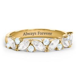 6 Marquise Birthstone Ring with Round Accents in 18K Gold Plated Silver with Cubic Zirconia and Aquamarine