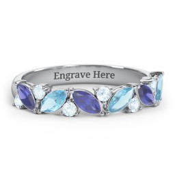 6 Marquise Birthstone Ring with Round Accents in 925 Sterling Silver with Blue Sapphire, Blue Topaz, and Aquamarine