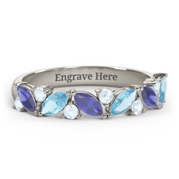 6 Marquise Birthstone Ring with Round Accents in 10K Solid White Gold with Blue Sapphire, Blue Topaz, and Aquamarine