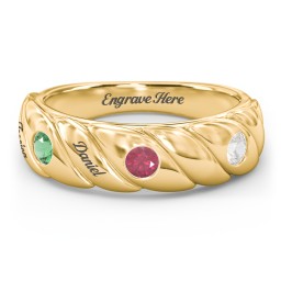 3 Birthstone Flat Twisted Croissant Ring in 10K Solid Yellow Gold with Emerald, Ruby, and Cubic Zirconia