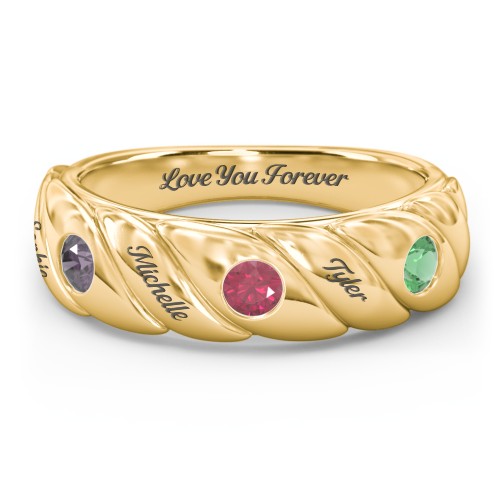 3 Birthstone Flat Twisted Croissant Ring – 10K Yellow Gold with Alexandrite, Ruby, and Emerald
