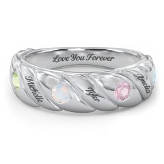 4 Birthstone Flat Twisted Croissant Ring – 10K White Gold with Peridot, Opal, Pink Tourmaline, and Blue Topaz