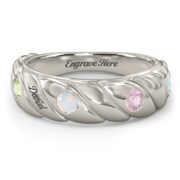 4 Birthstone Flat Twisted Croissant Ring in 10K Solid White Gold with Peridot, Opal, Pink Tourmaline, and Blue Topaz