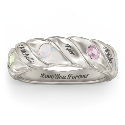 4 Birthstone Flat Twisted Croissant Ring – 10K White Gold with Peridot, Opal, Pink Tourmaline, and Blue Topaz