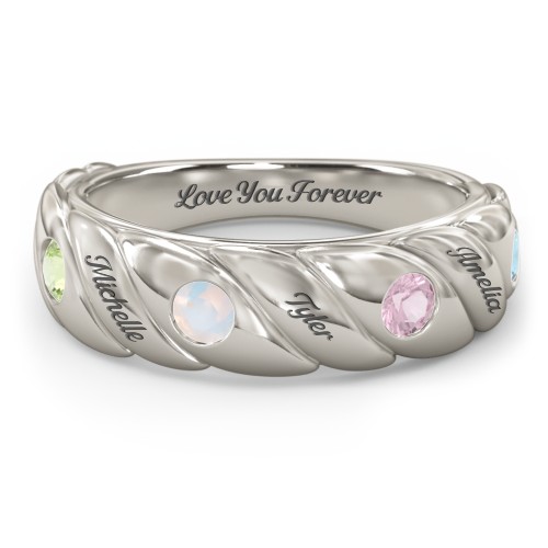 4 Birthstone Flat Twisted Croissant Ring – 10K White Gold with Peridot, Opal, Pink Tourmaline, and Blue Topaz