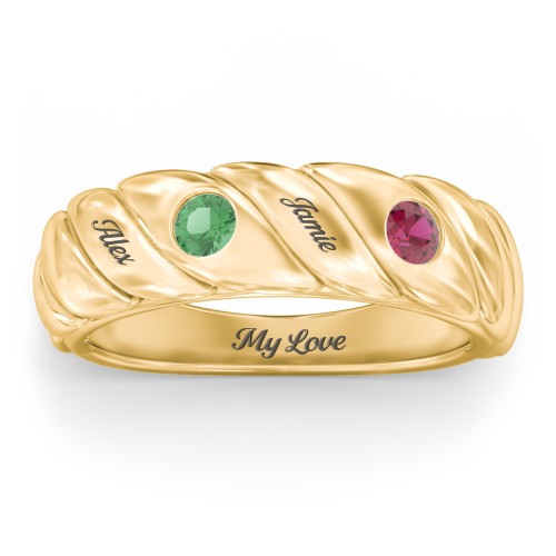 2 Birthstone Flat Twisted Croissant Ring – 10K Yellow Gold with Emerald and Ruby