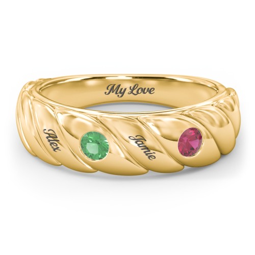 2 Birthstone Flat Twisted Croissant Ring – 10K Yellow Gold with Emerald and Ruby