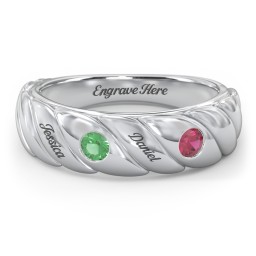 2 Birthstone Flat Twisted Croissant Ring in 925 Sterling Silver with Emerald and Ruby