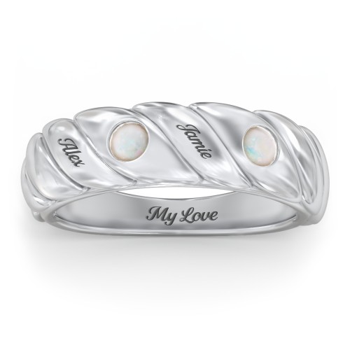 2 Birthstone Flat Twisted Croissant Ring – Sterling Silver with Opal