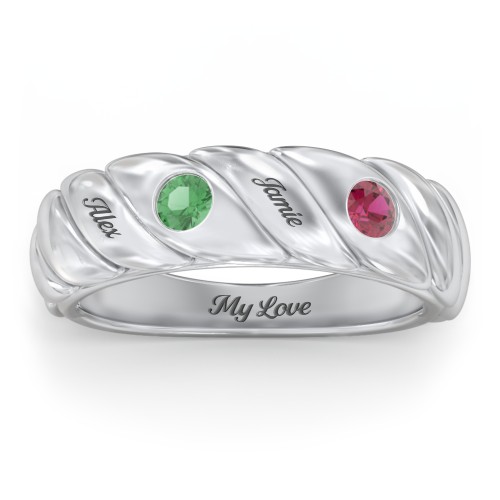 2 Birthstone Flat Twisted Croissant Ring – Sterling Silver with Emerald and Ruby