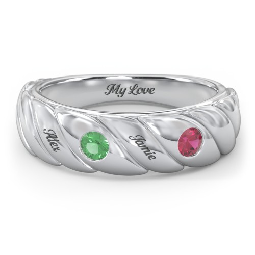 2 Birthstone Flat Twisted Croissant Ring – Sterling Silver with Emerald and Ruby
