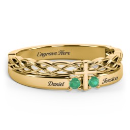 Women’s Cross Ring with Round Gemstones in 18K Gold Plated Silver with Emerald