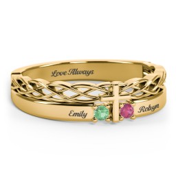 Women’s Cross Ring with Round Gemstones in 18K Gold Plated Silver with Emerald and Ruby