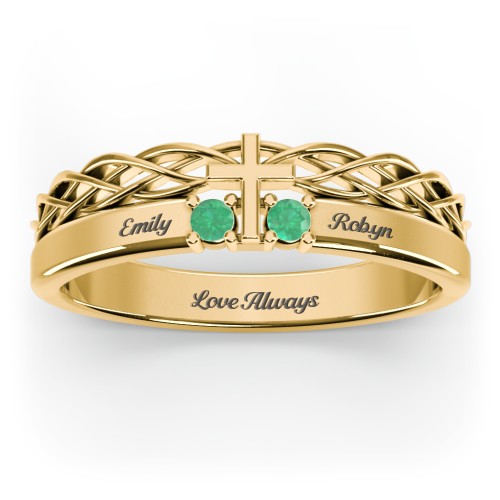 Women’s Cross Ring with Round Gemstones – 18K Gold Plated Silver with Emerald