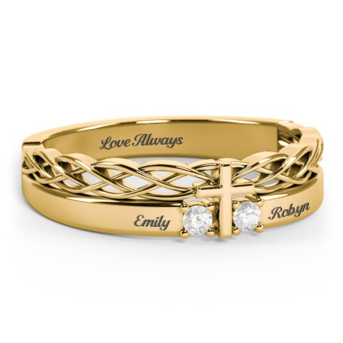 Women’s Cross Ring with Round Gemstones – 18K Gold Plated Silver with Cubic Zirconia