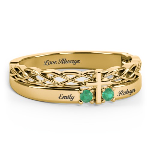 Women’s Cross Ring with Round Gemstones – 18K Gold Plated Silver with Emerald