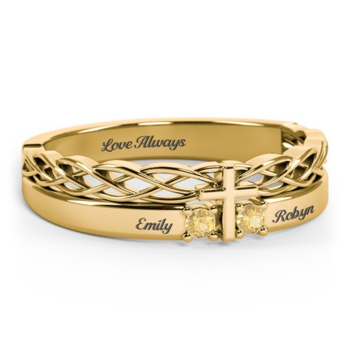 Women’s Cross Ring with Round Gemstones – 18K Gold Plated Silver with Citrine