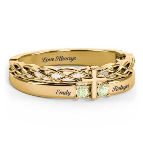 Women’s Cross Ring with Round Gemstones – 18K Gold Plated Silver with Peridot