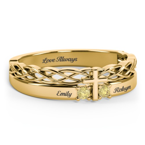 Women’s Cross Ring with Round Gemstones – 18K Gold Plated Silver with Citrine