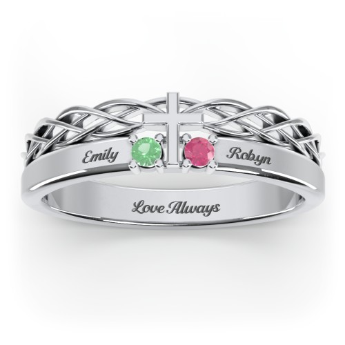 Women’s Cross Ring with Round Gemstones – Sterling Silver with Emerald and Ruby