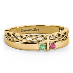 Women’s Cross Ring with Round Gemstones in 14K Solid Yellow Gold with Emerald and Ruby