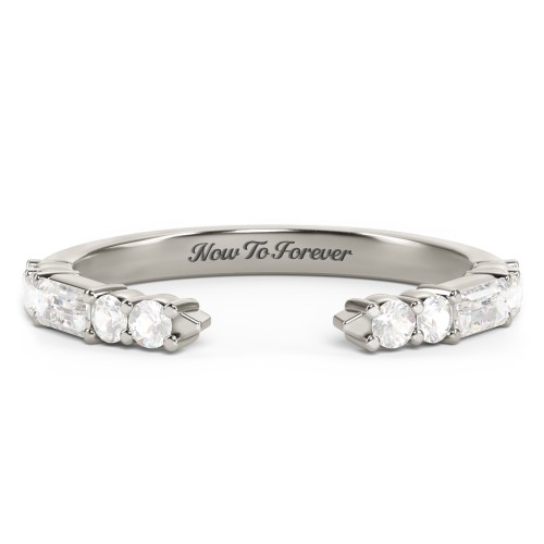 Baguette & Round Accent Open Cuff Ring – 10K White Gold with Cubic Zirconia