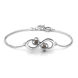 Duo of Hearts and Stones Infinity Bracelet in 925 Sterling Silver with Smokey Quartz