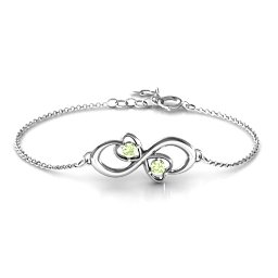 Duo of Hearts and Stones Infinity Bracelet in 925 Sterling Silver with Peridot