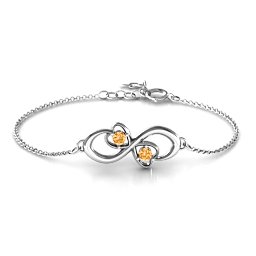 Duo of Hearts and Stones Infinity Bracelet in 925 Sterling Silver with Citrine