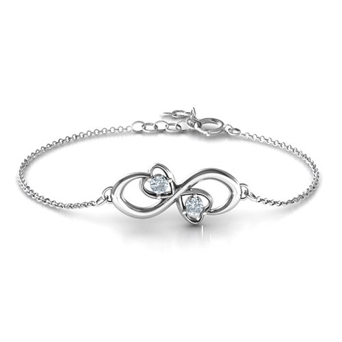 Duo of Hearts and Stones Infinity Bracelet – Sterling Silver with Cubic Zirconia