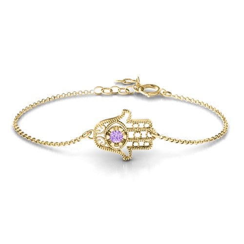 Horizontal Hamsa Bracelet – 10K Yellow Gold with Amethyst
