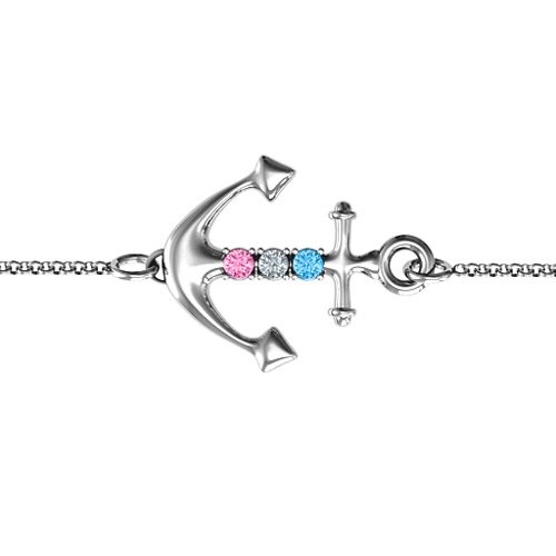 Anchor Bracelet with Three Stones – Sterling Silver with Pink Tourmaline, Cubic Zirconia, and Blue Topaz