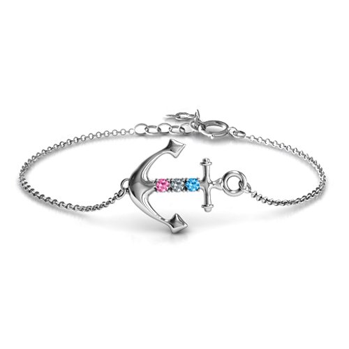 Anchor Bracelet with Three Stones – Sterling Silver with Pink Tourmaline, Cubic Zirconia, and Blue Topaz