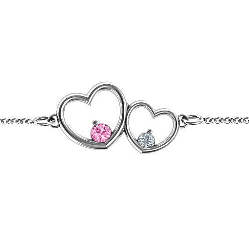 Double Heart With Two Stones Bracelet – Sterling Silver with Pink Tourmaline and Cubic Zirconia