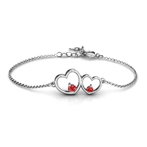 Double Heart With Two Stones Bracelet – Sterling Silver with Garnet