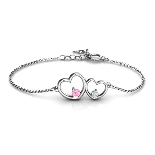 Double Heart With Two Stones Bracelet – Sterling Silver with Pink Tourmaline and Cubic Zirconia