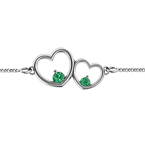 Double Heart With Two Stones Bracelet – Sterling Silver with Emerald