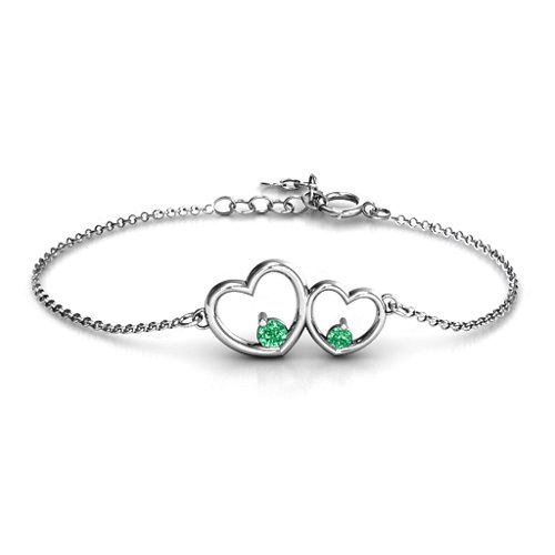 Double Heart With Two Stones Bracelet – Sterling Silver with Emerald