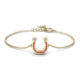 Horseshoe Bracelet with Two Stones and Accents in 10K Solid Yellow Gold with Amethyst, Cubic Zirconia, and Red Premium Zirconia
