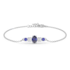 Oval Centre with 4 Side Round Stones Bracelet – Sterling Silver with Blue Sapphire and Cubic Zirconia
