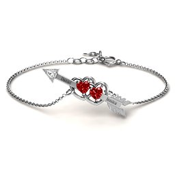 Double Heart with Arrow and Two Heart Stones Promise Bracelet in 925 Sterling Silver with Garnet and White Premium Zirconia