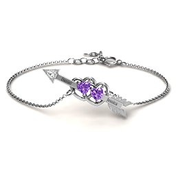 Double Heart with Arrow and Two Heart Stones Promise Bracelet in 925 Sterling Silver with Amethyst and White Premium Zirconia