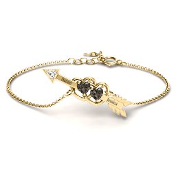 Double Heart with Arrow and Two Heart Stones Promise Bracelet in 18K Gold Plated Silver with Smokey Quartz and White Premium Zirconia