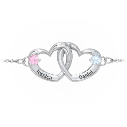 Interlocking Heart Promise Bracelet with Two Stones – Sterling Silver with Pink Tourmaline and Aquamarine