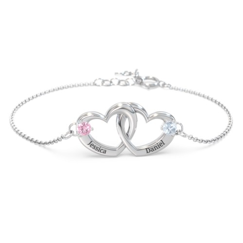 Interlocking Heart Promise Bracelet with Two Stones – Sterling Silver with Pink Tourmaline and Aquamarine